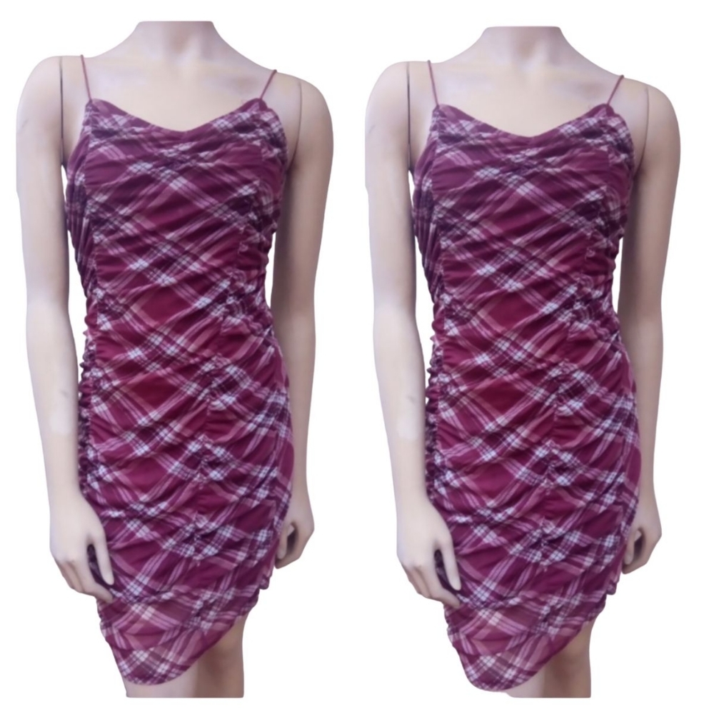 Plaid tank stretchy scrunchie mini dress size Medium